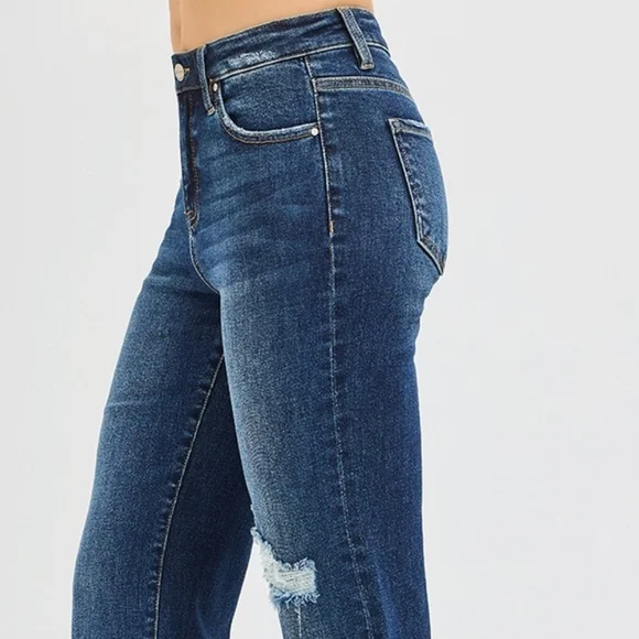 RISEN High-Rise Waist Distressed Patch Knee Straight Leg Pants Ankle Denim Jeans - Picture 7 of 16